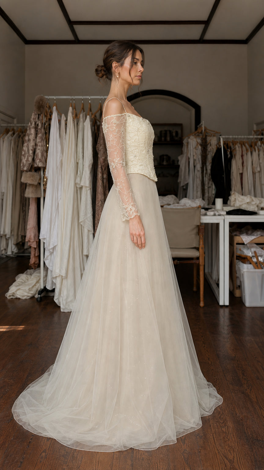Side profile view of champagne evening gown