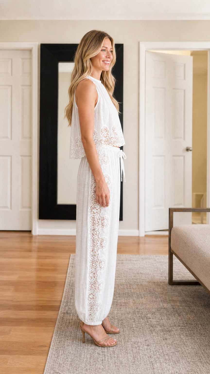 Model wearing white lace trim set side view