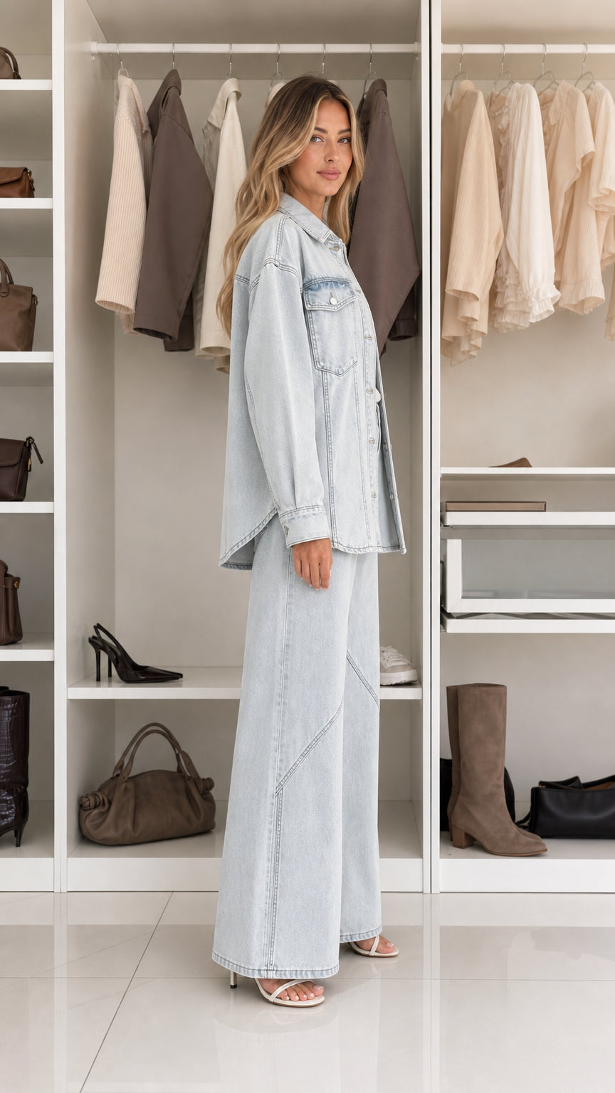 Side profile of woman in light blue denim matching set
