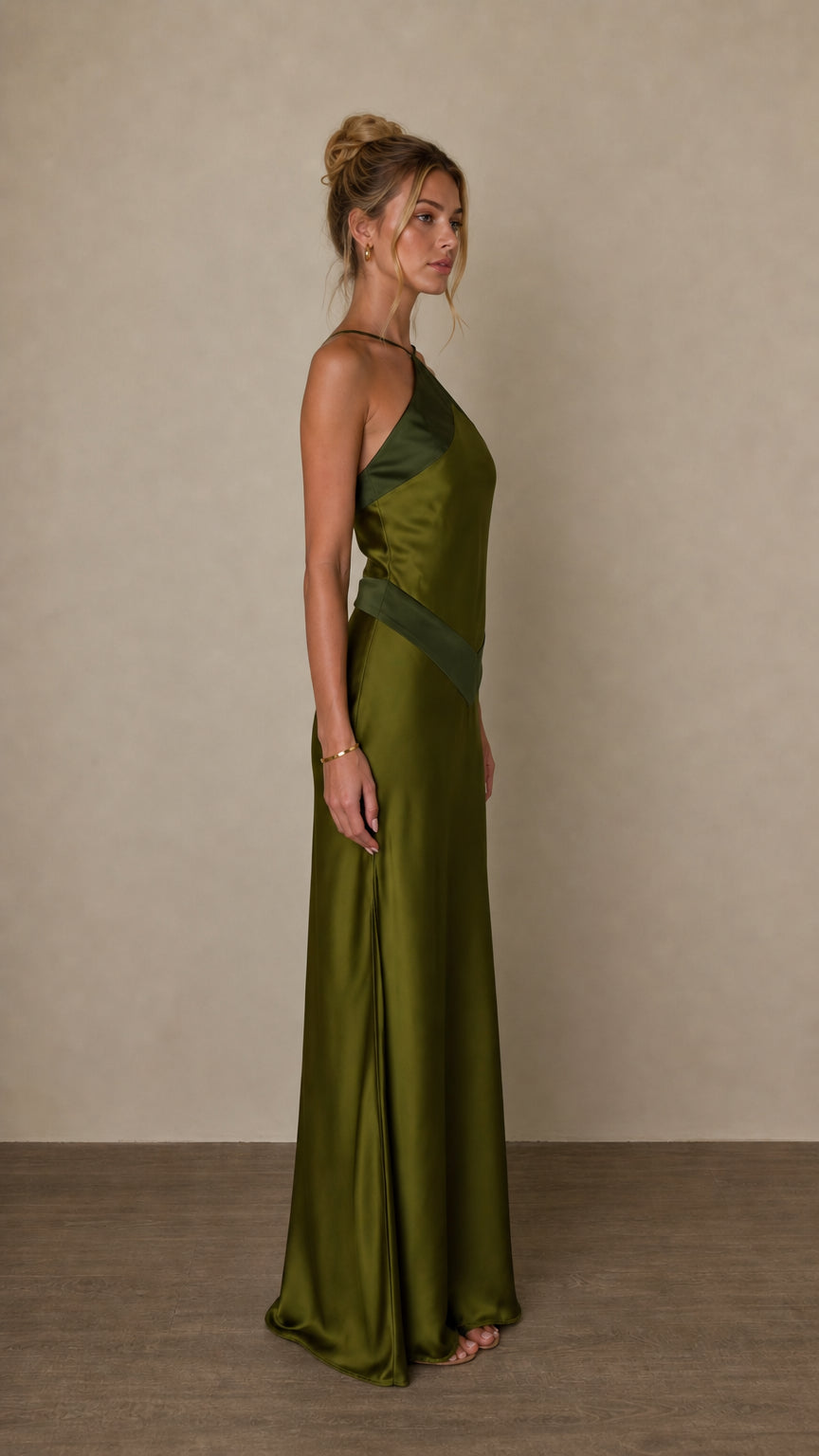 Side profile view of olive satin maxi dress