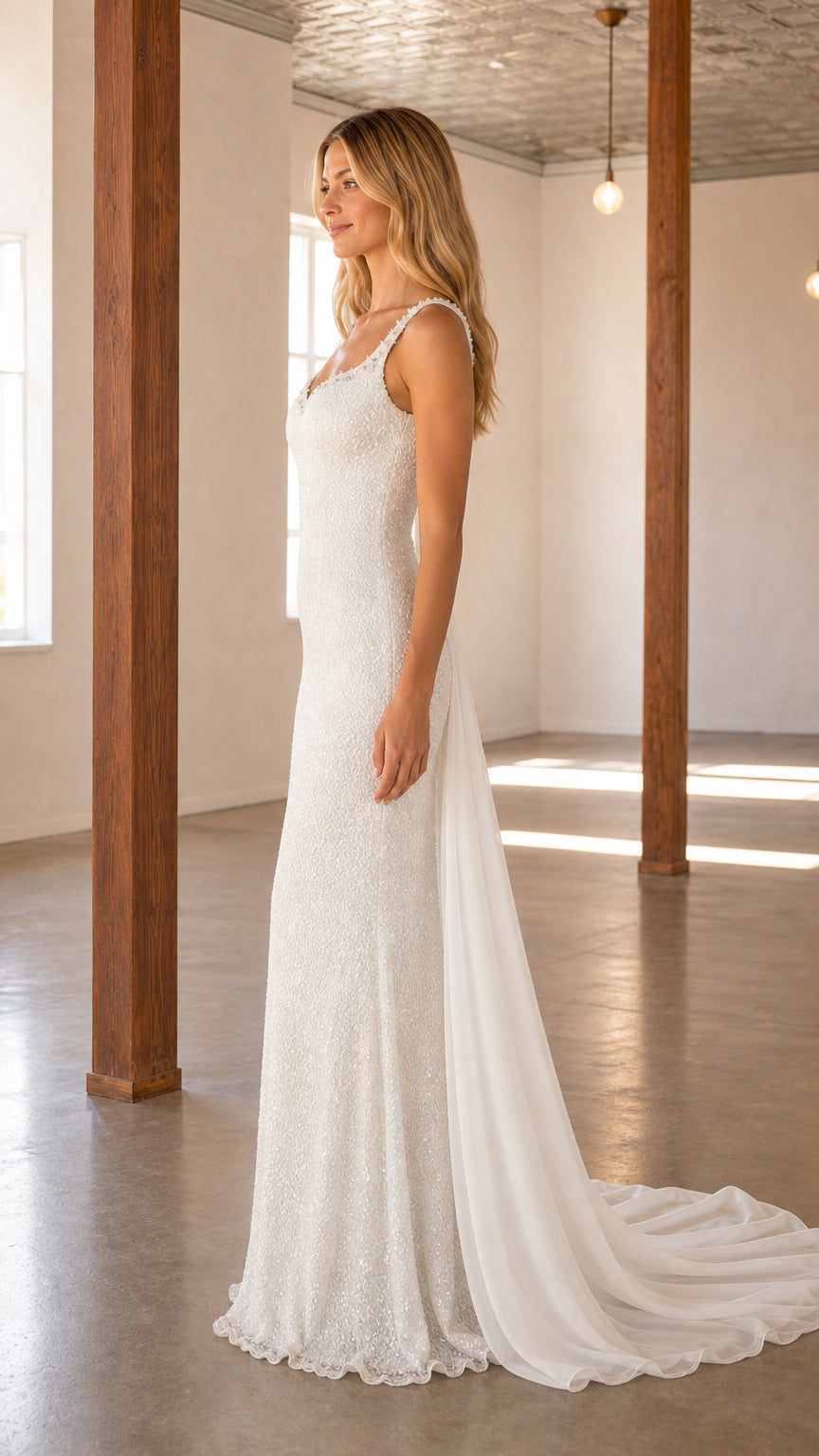 Side profile of white beaded wedding gown