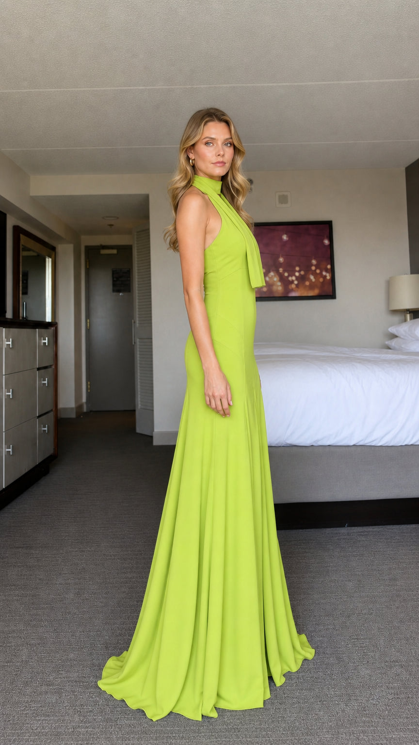 Model wearing lime green halter neck maxi dress from side profile