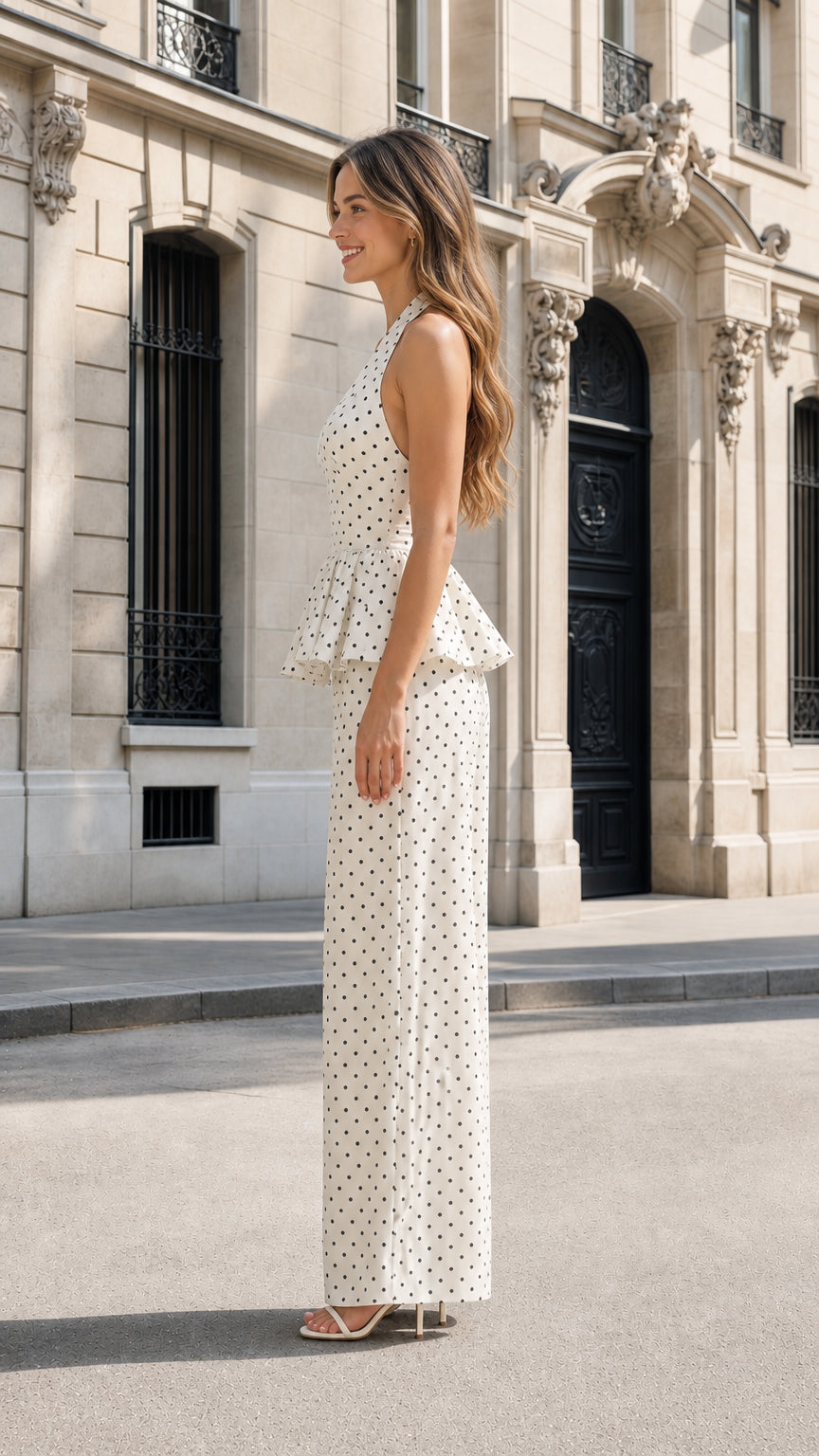 Side profile view of woman in white polka dot jumpsuit