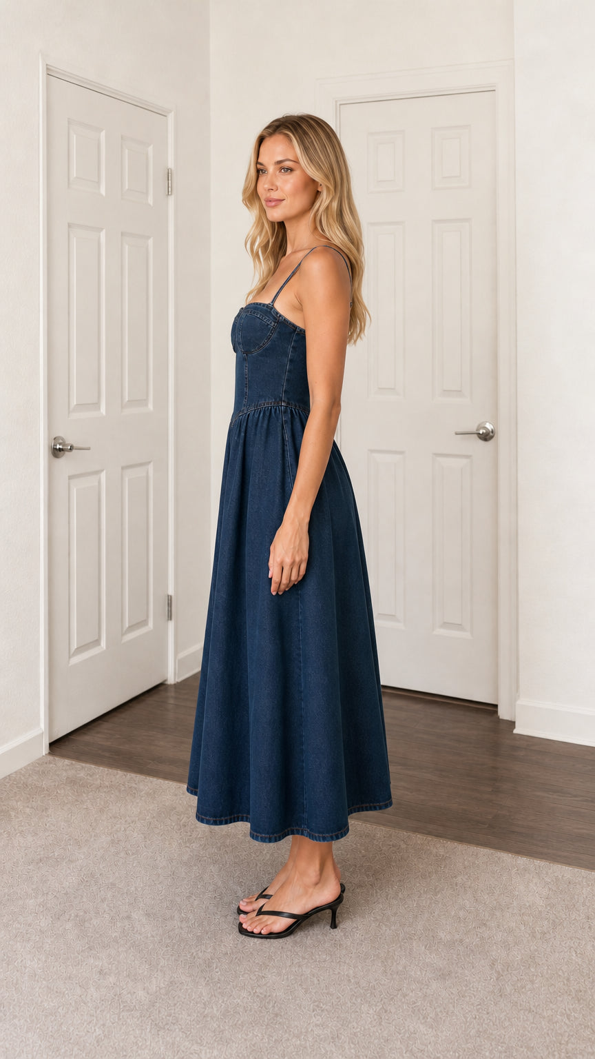 Side profile view of blue denim midi dress