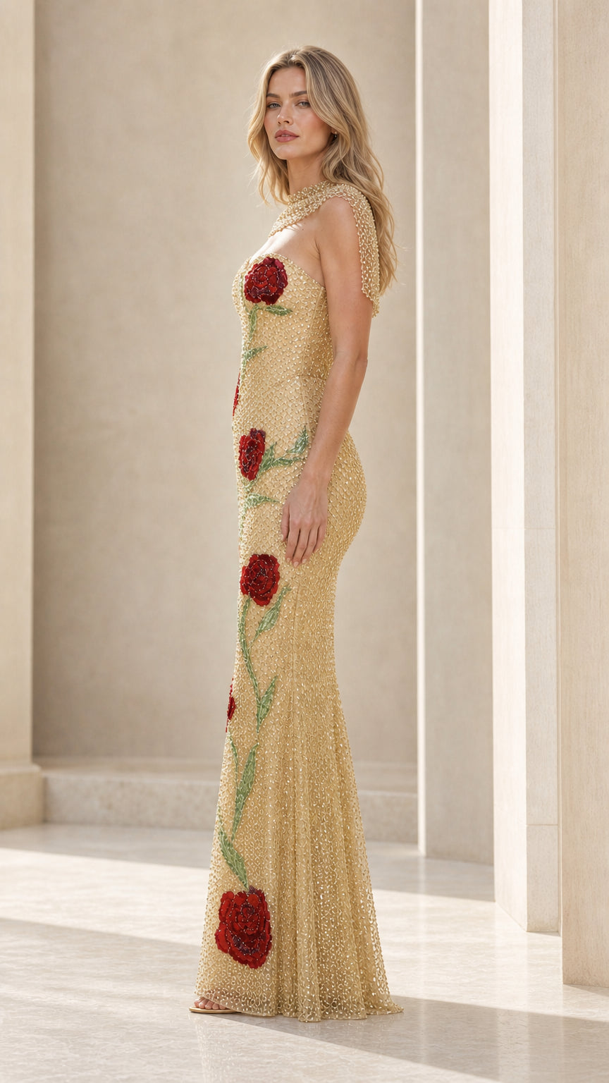 Side profile view of gold rose embroidered formal gown