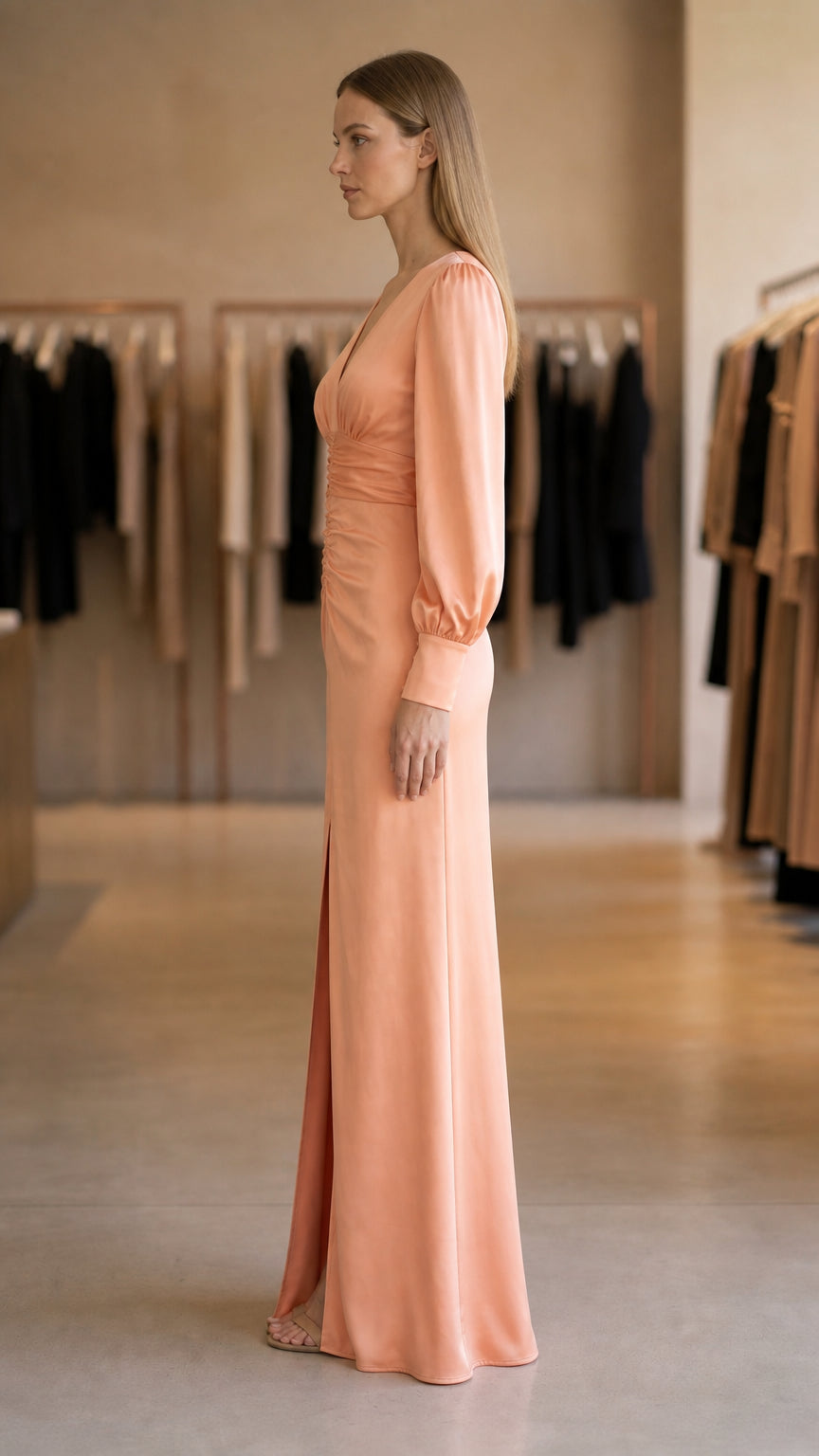 Model wearing peach ruched maxi dress side view