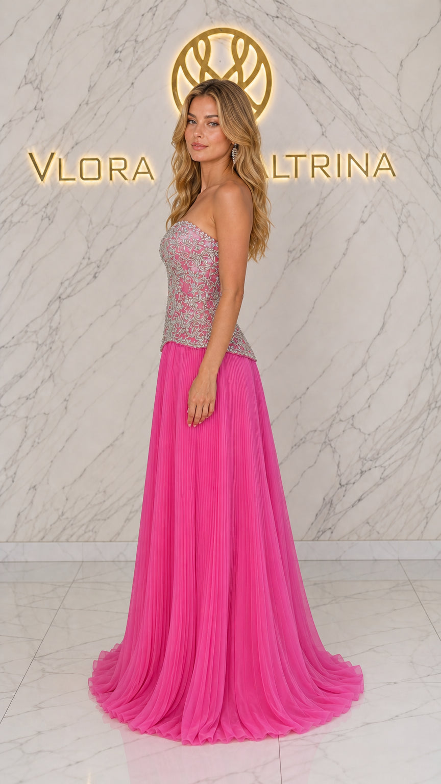 Side profile view of model in fuchsia evening gown