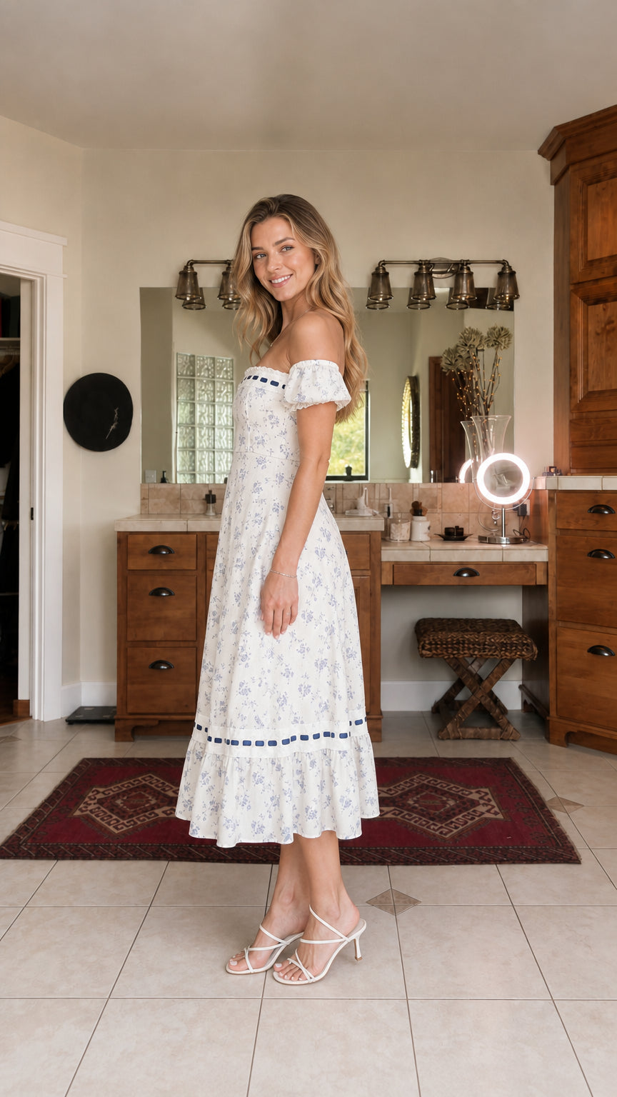 Side profile view of white floral midi dress