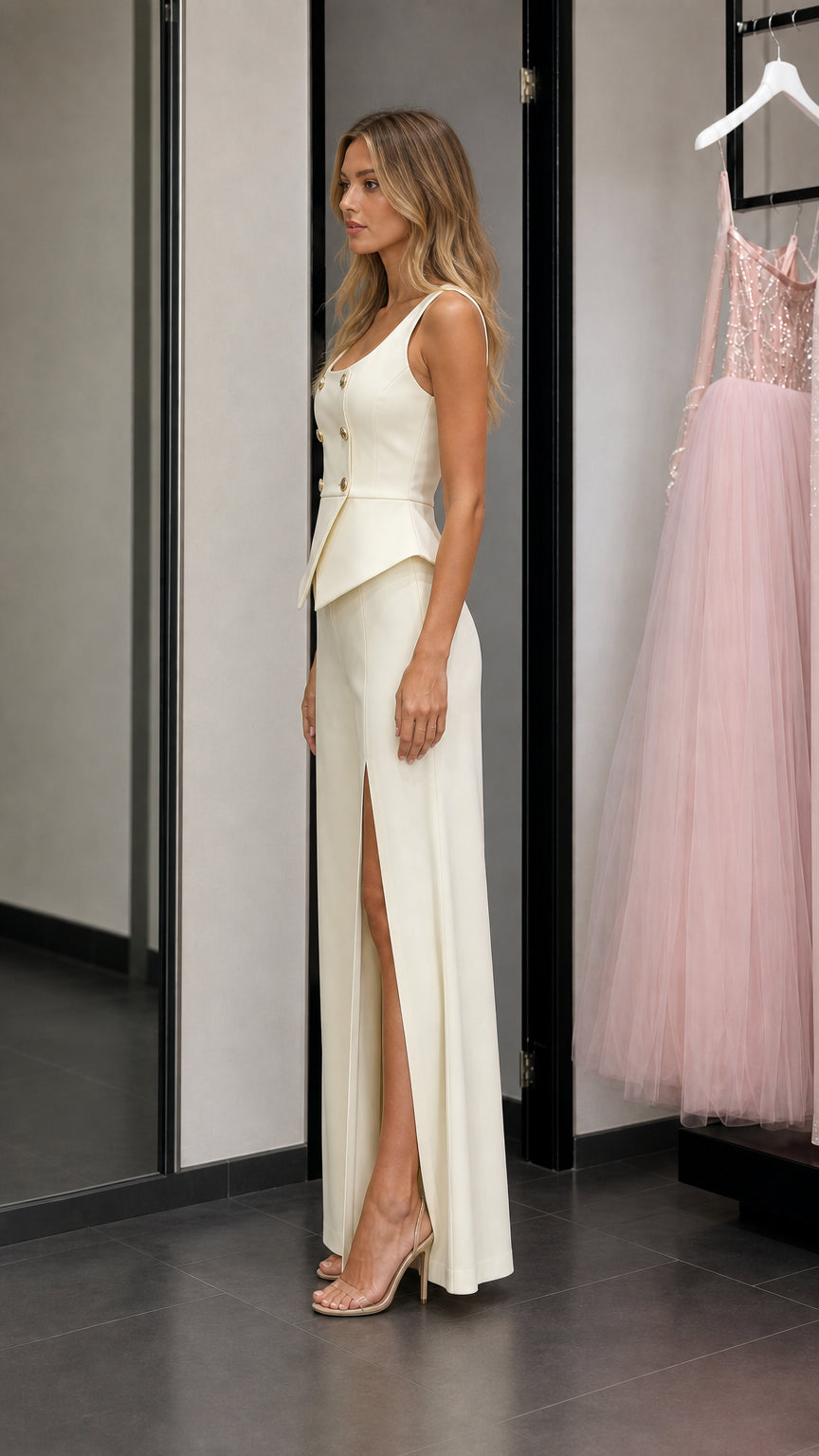 Side profile of model wearing ivory two-piece set