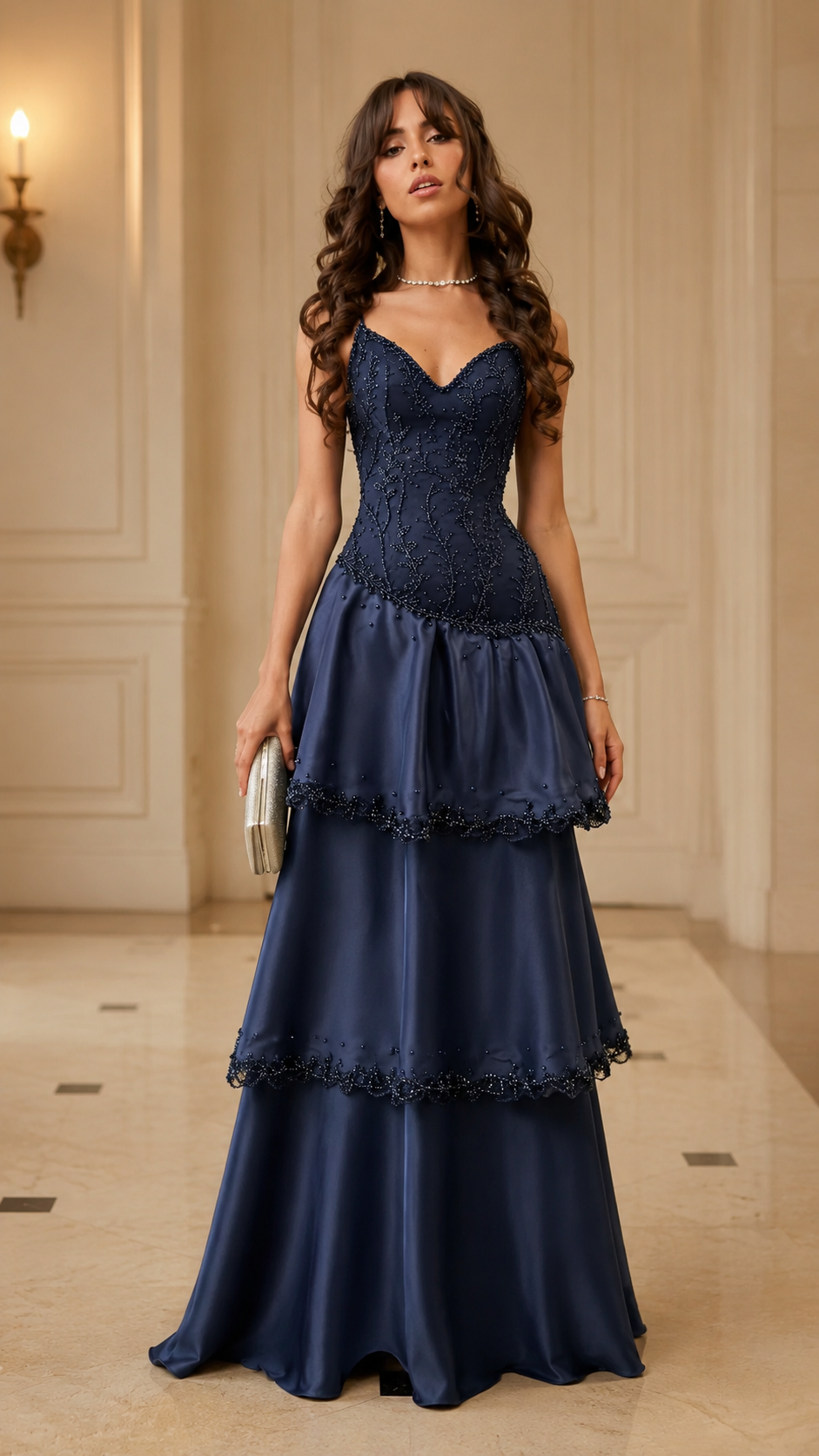 Front view of navy tiered maxi dress with fitted lace bodice and cami straps