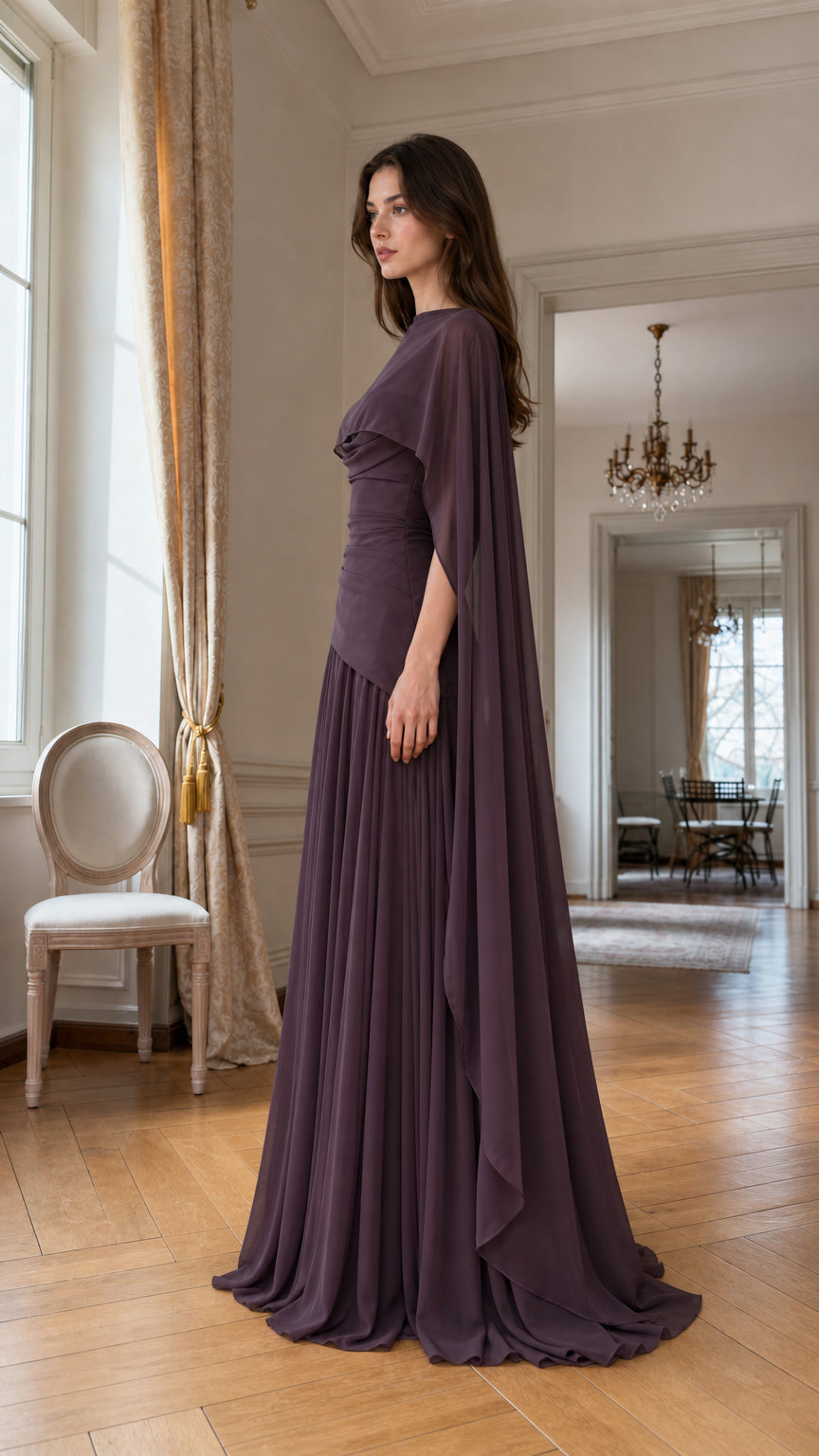 Side profile view of Plum cape maxi dress