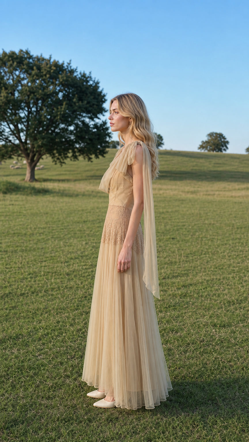 Side profile of model wearing champagne tulle maxi dress