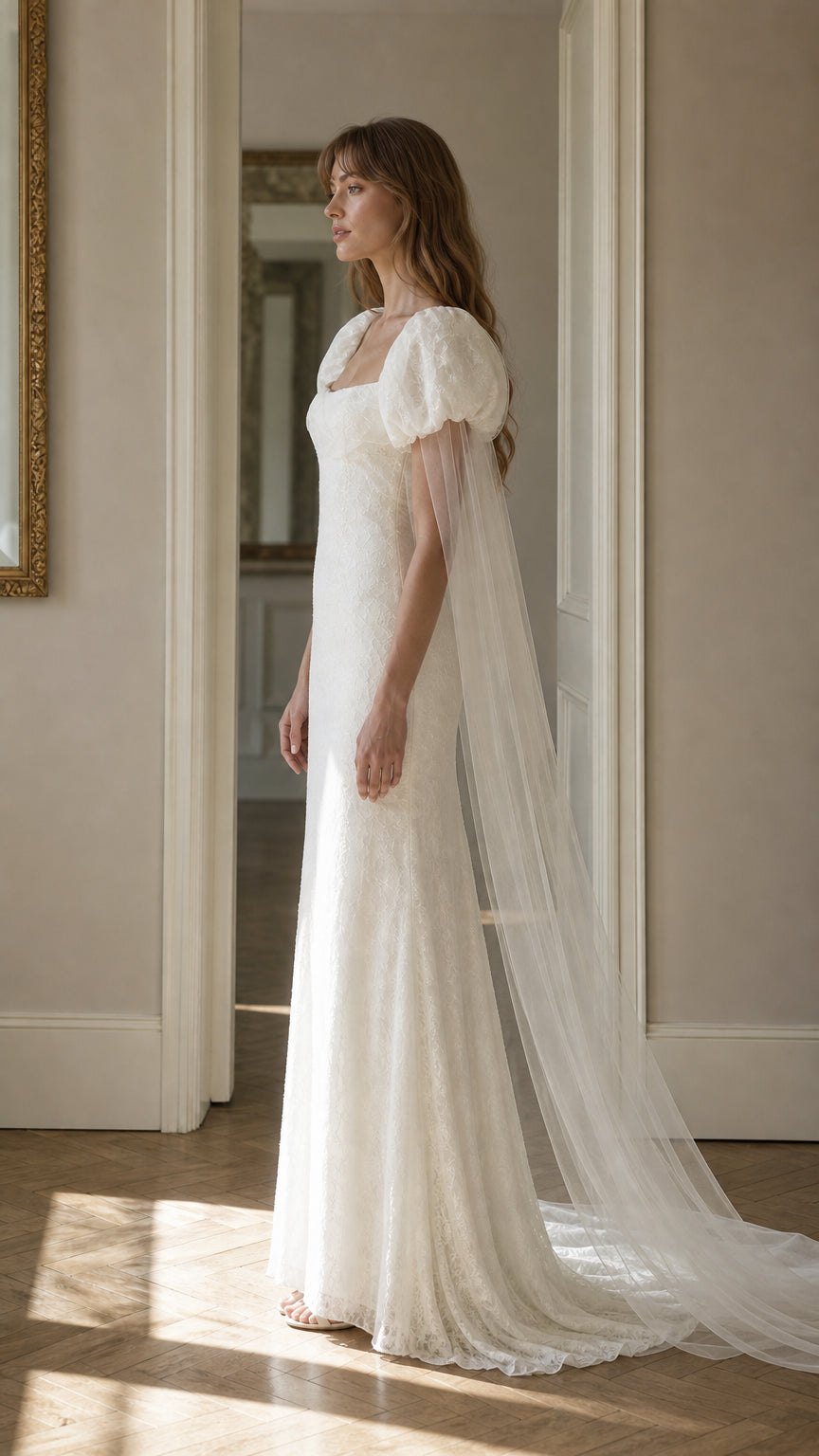 Side profile view of white lace maxi dress