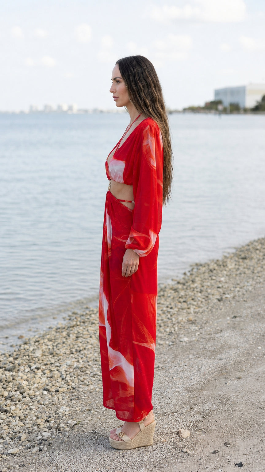 Side view of red abstract print cutout maxi dress