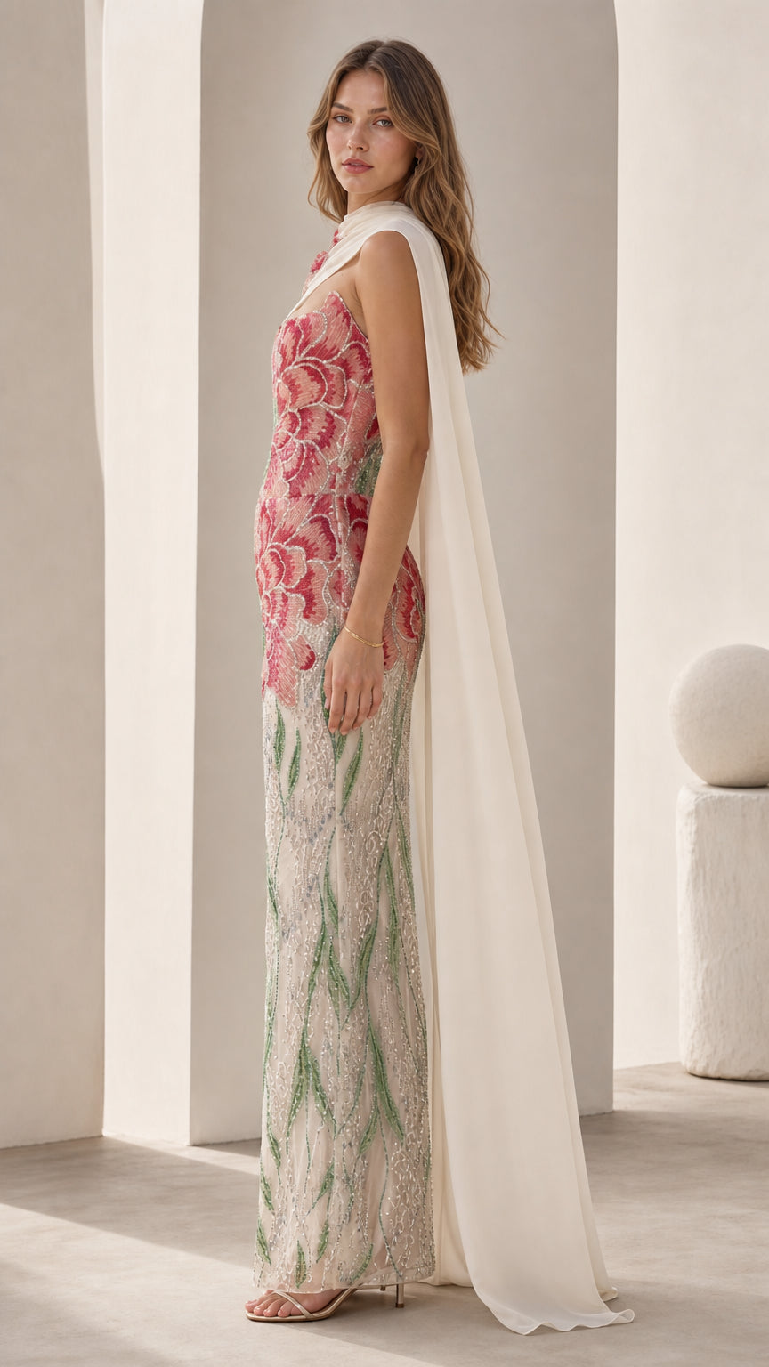 Side profile of white embroidered floral strapless evening gown