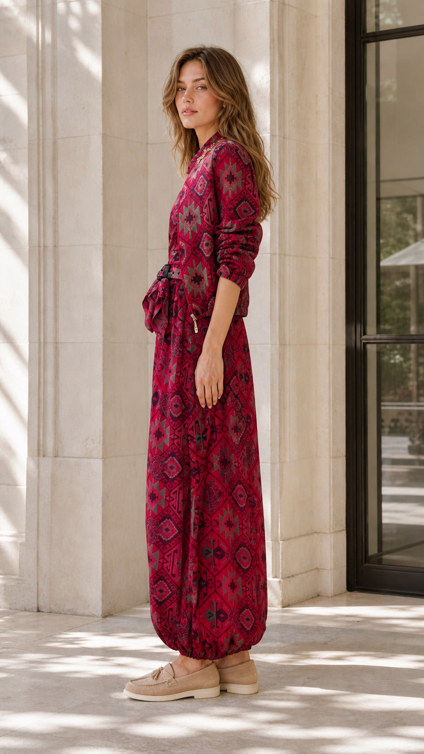 Side profile view of model in burgundy geometric jumpsuit set
