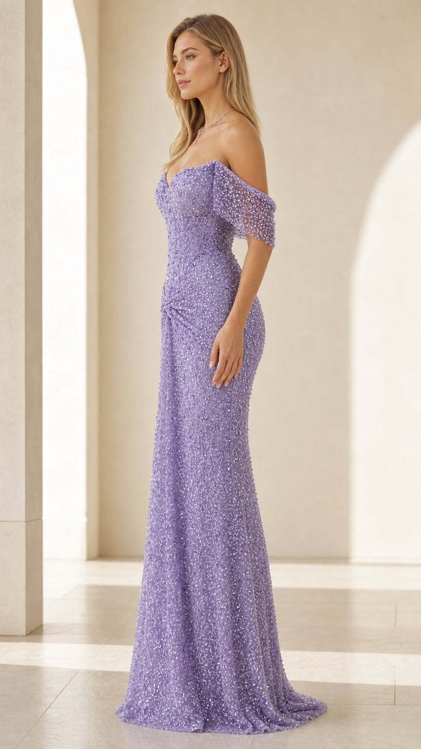 Side profile of lavender off-shoulder sequin evening gown