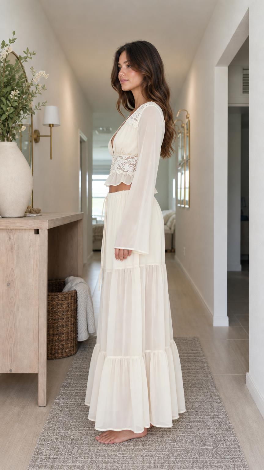 Side profile of model in cream two-piece set