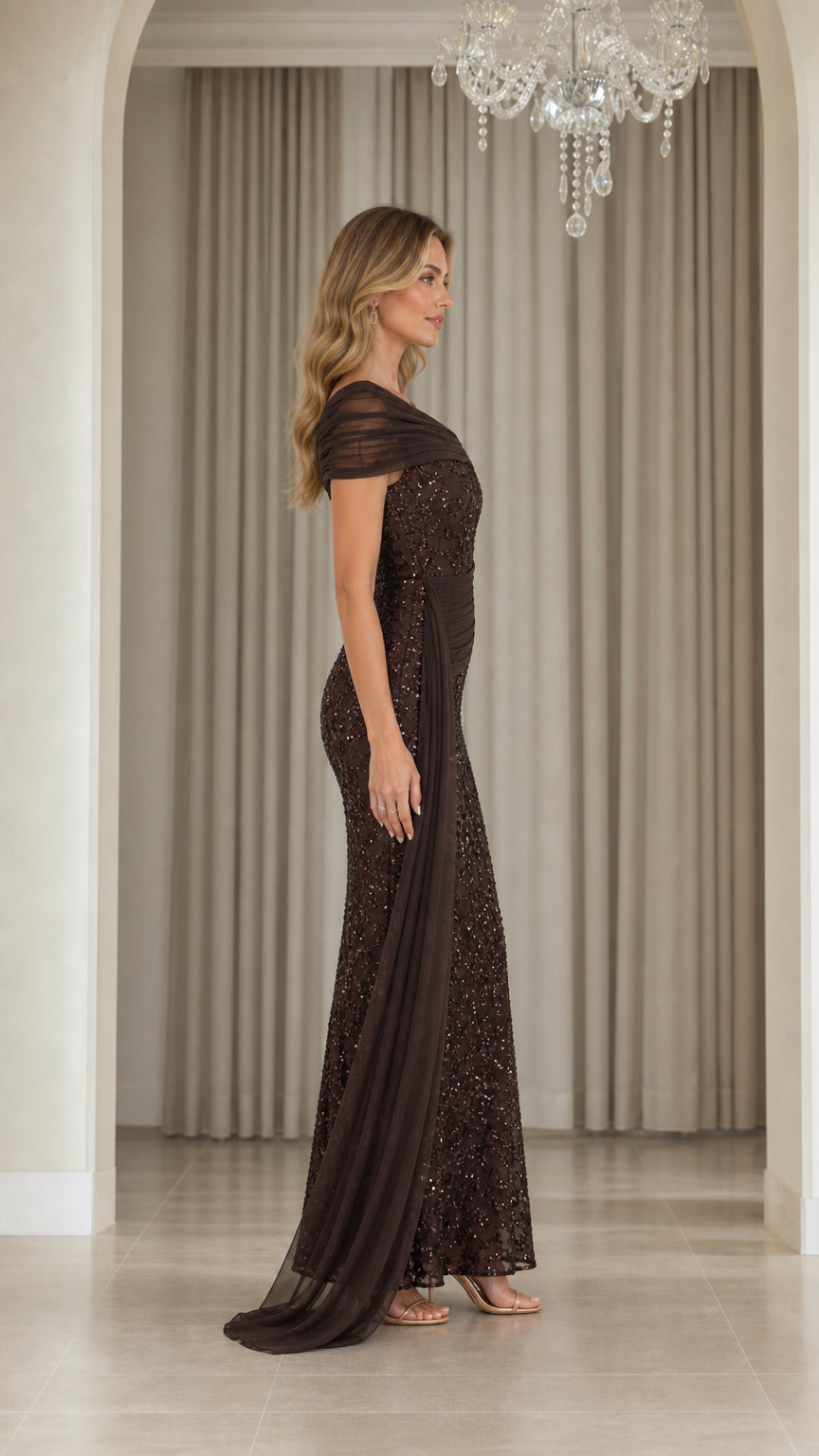 Side profile view of brown sequin formal gown