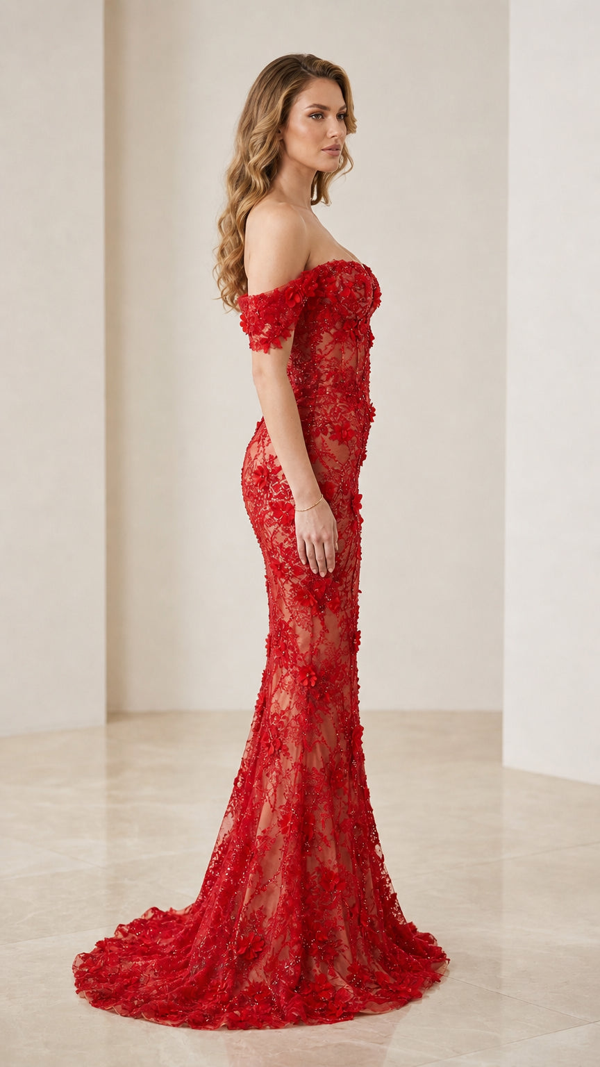 Side view of red embroidered evening dress