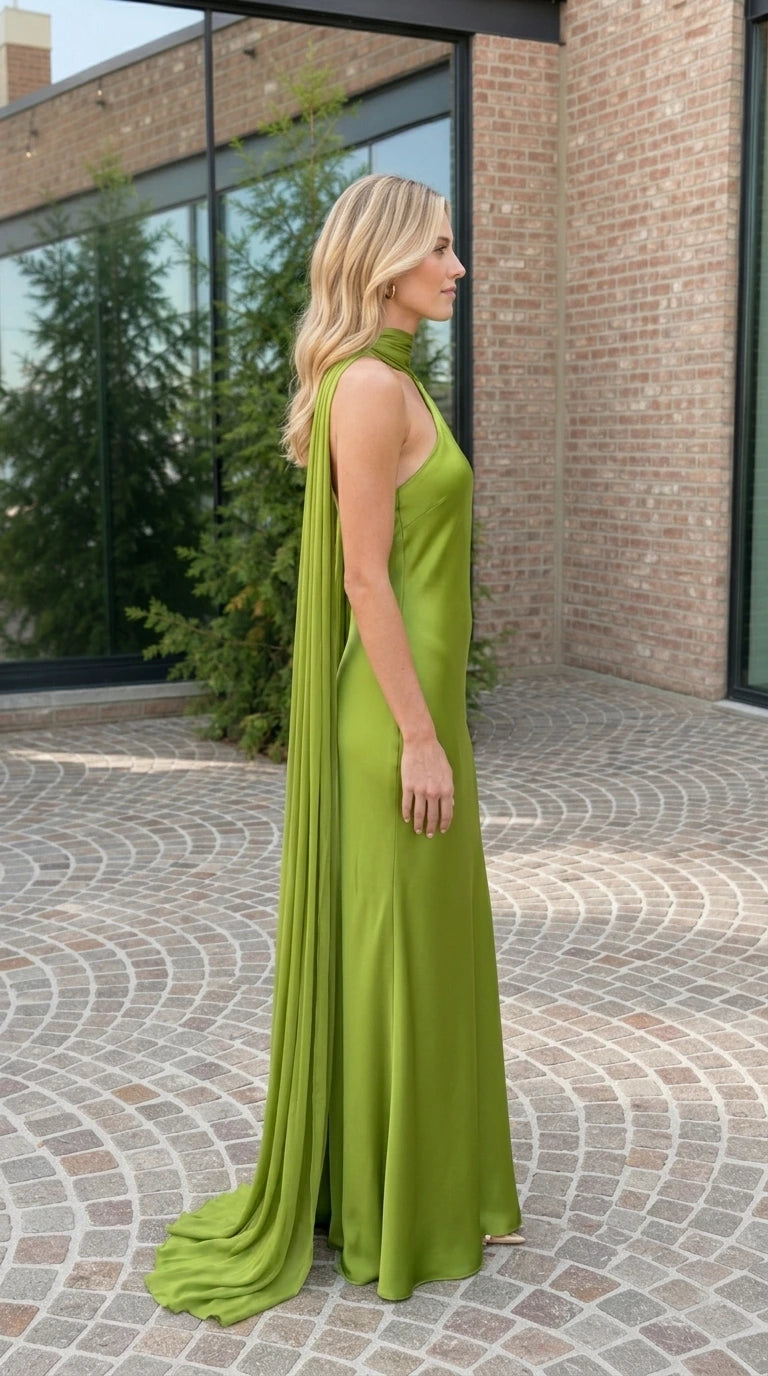 Side profile view of green satin maxi dress showing back drape