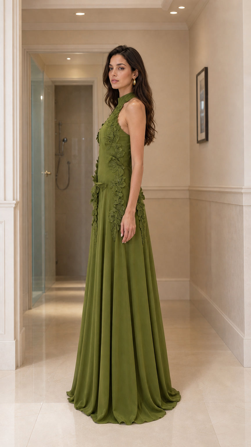 Side profile of olive green evening gown