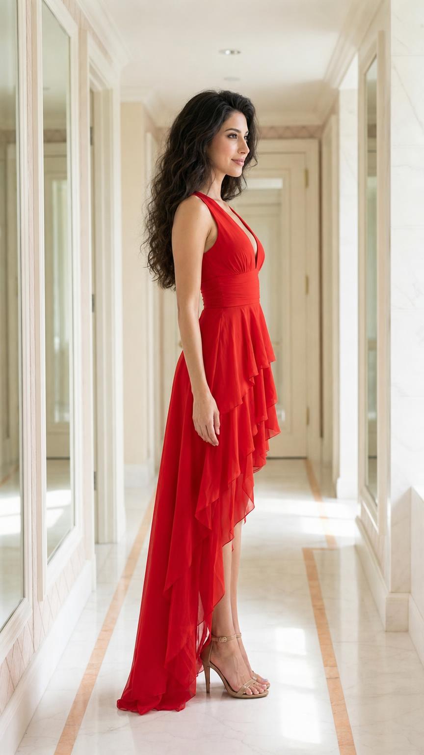Side profile of model in red high-low maxi dress