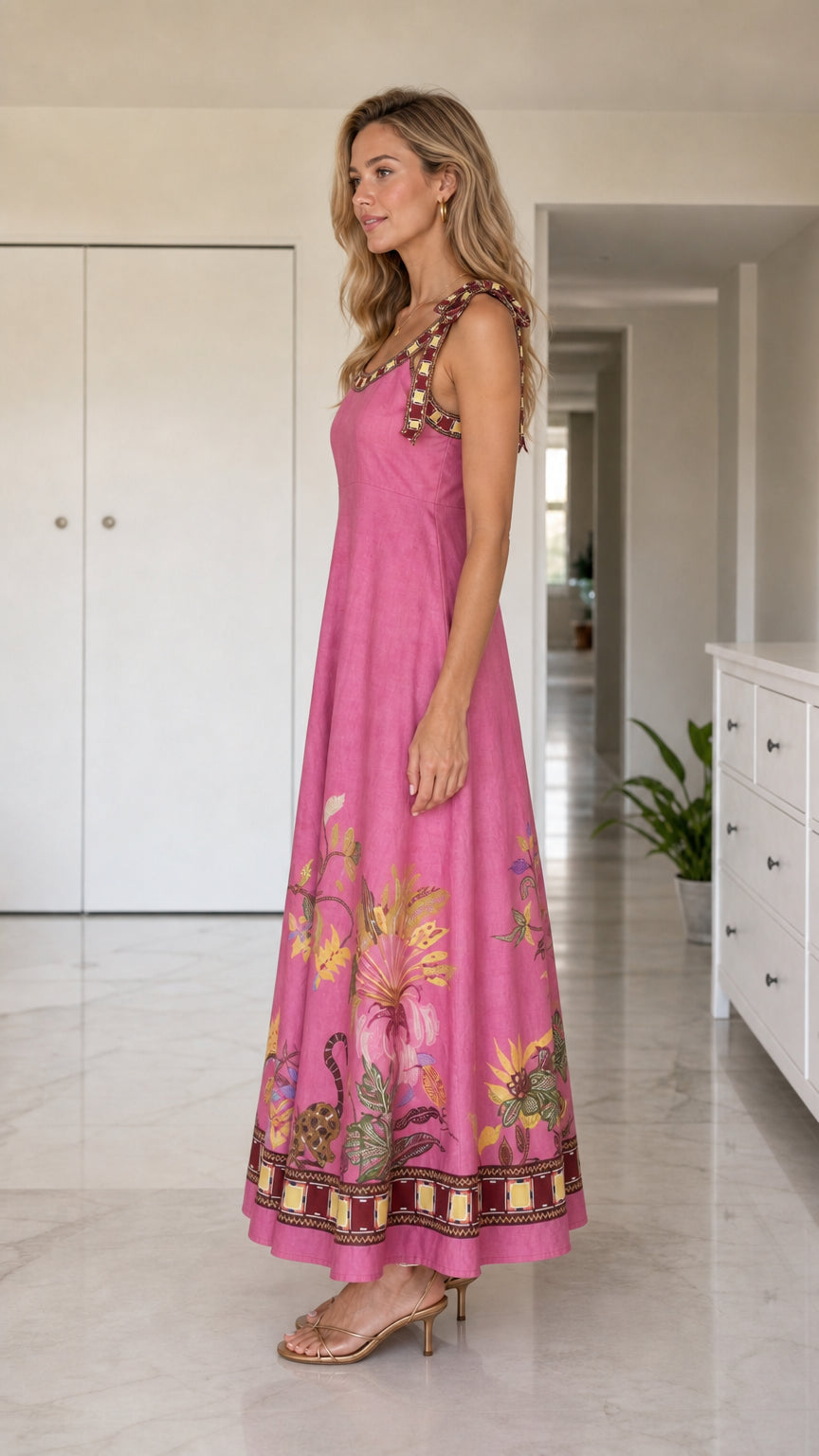 Side profile view of pink floral maxi dress