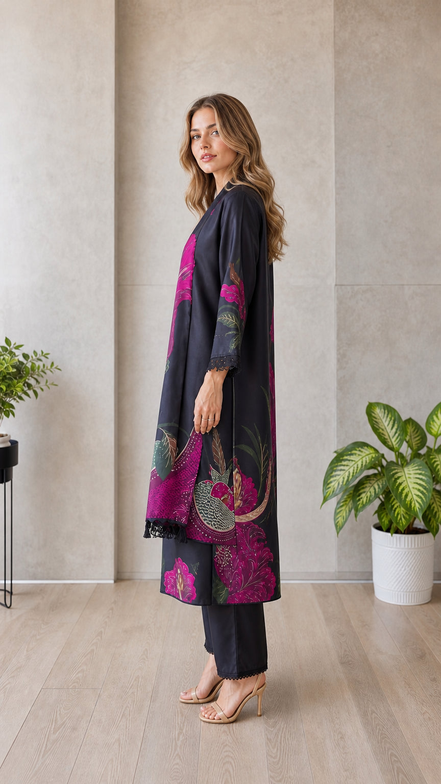 Model wearing black floral 3-piece cardigan set, side view
