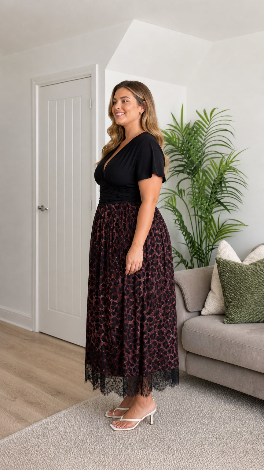 Side view of plus size burgundy leopard print midi dress