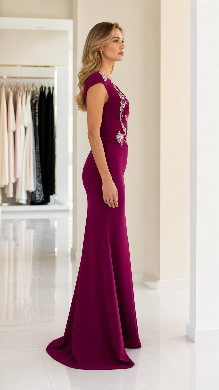 Side profile view of burgundy evening dress showing mermaid silhouette