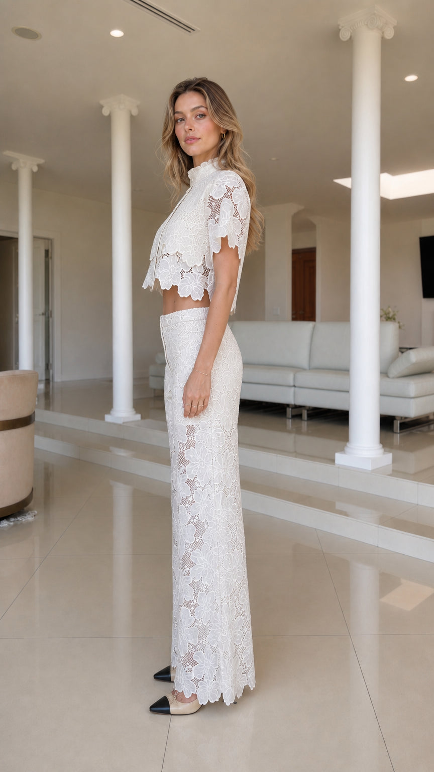 Side profile view of white lace matching set
