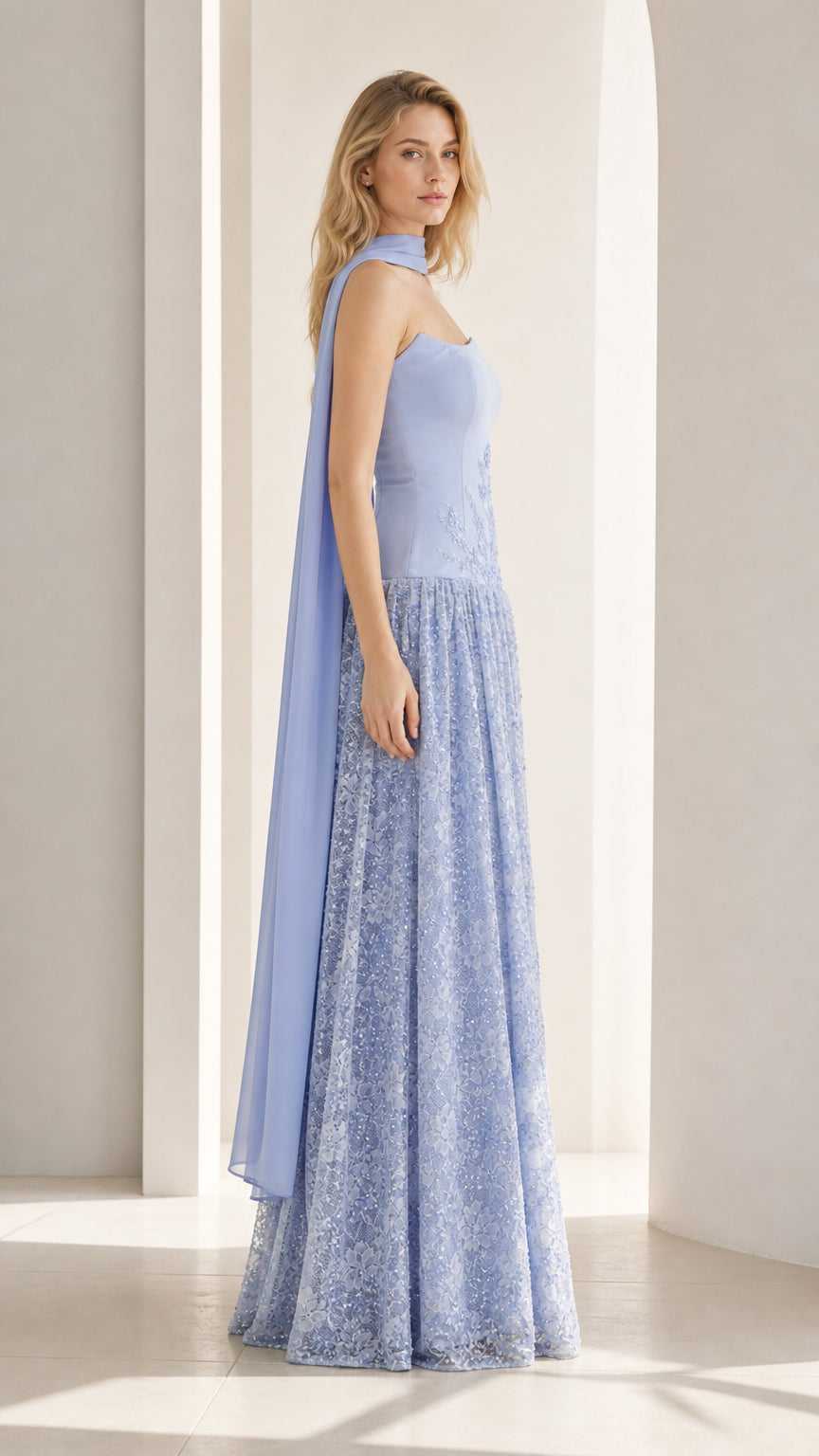 Side profile view of light blue formal gown