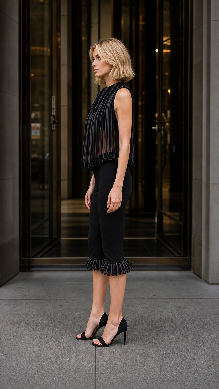 Side profile of model wearing black pleated fringe two-piece set