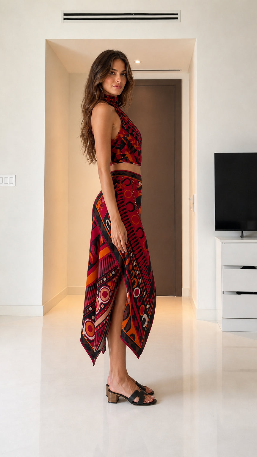 Woman wearing red geometric print two piece set side view