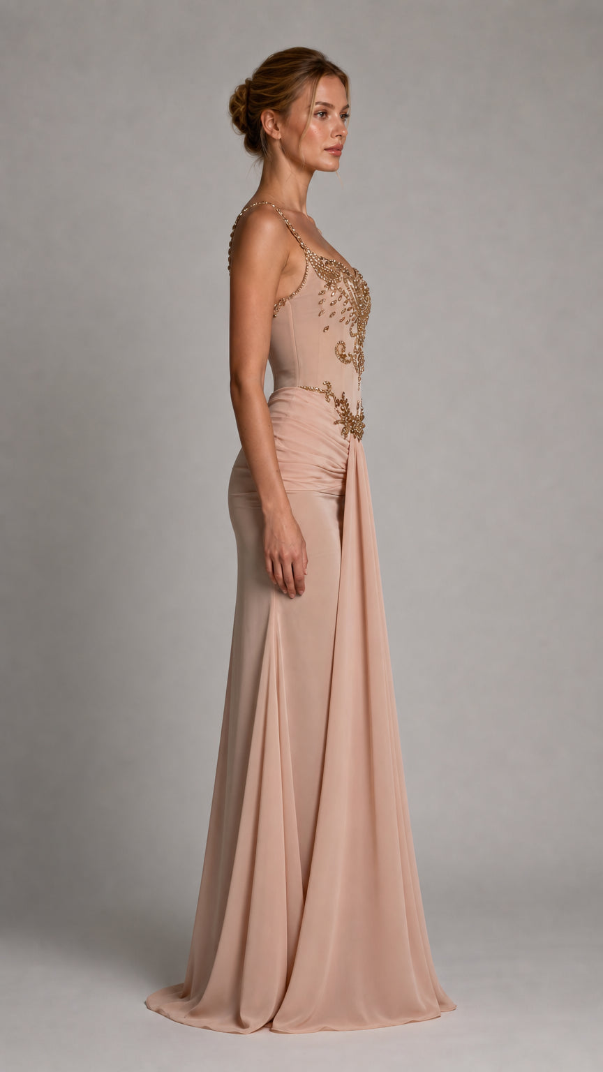 Side profile view of nude evening gown
