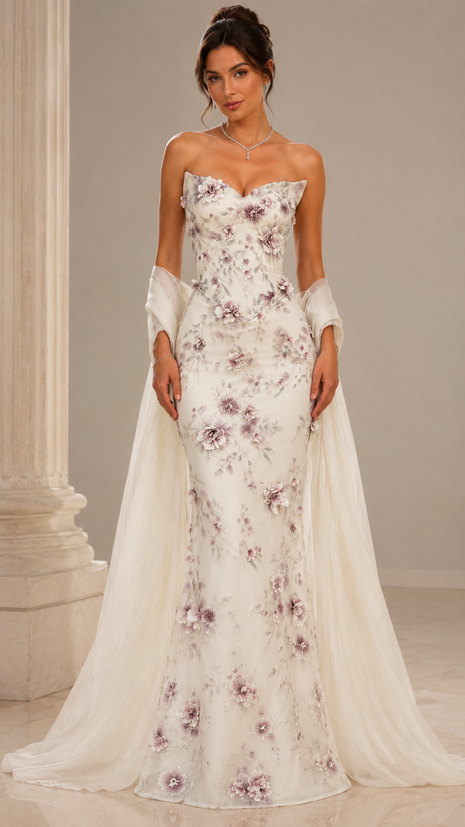 Front view of ivory strapless floral appliqué mermaid gown with matching shawl