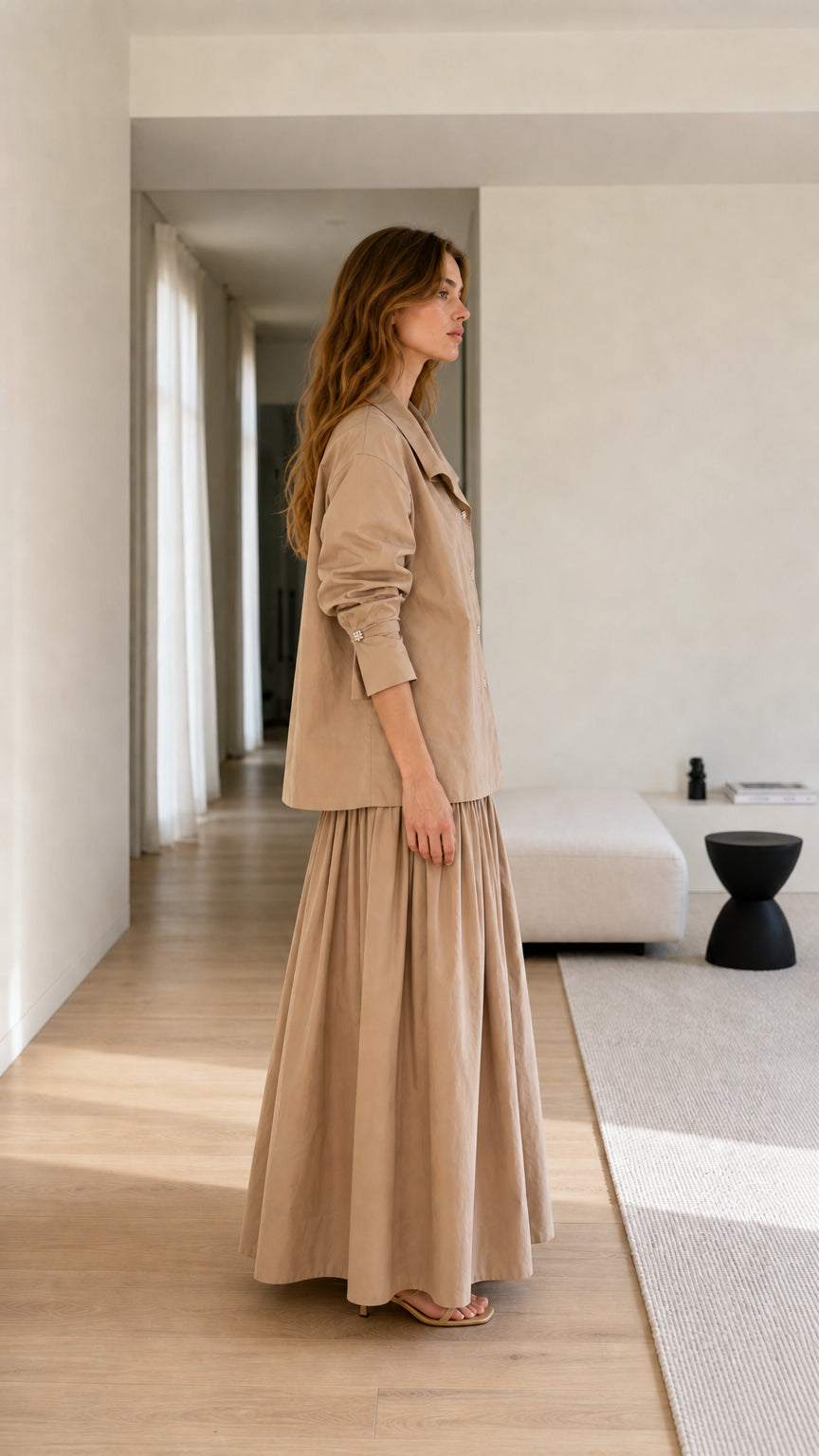 Model wearing khaki two-piece set side view
