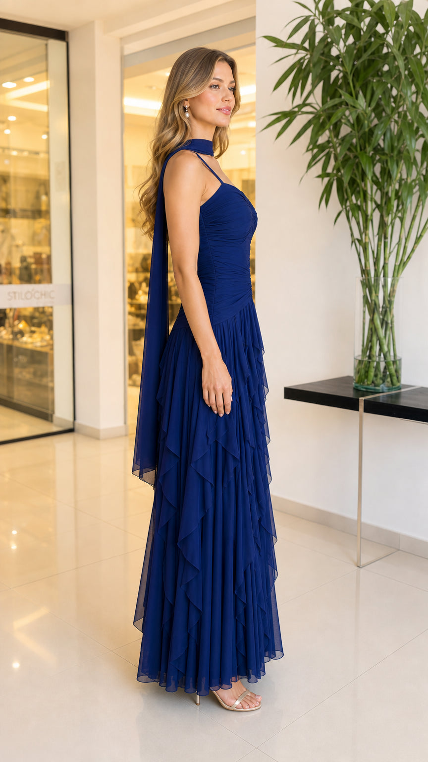 Side profile view of Royal Blue evening dress with scarf