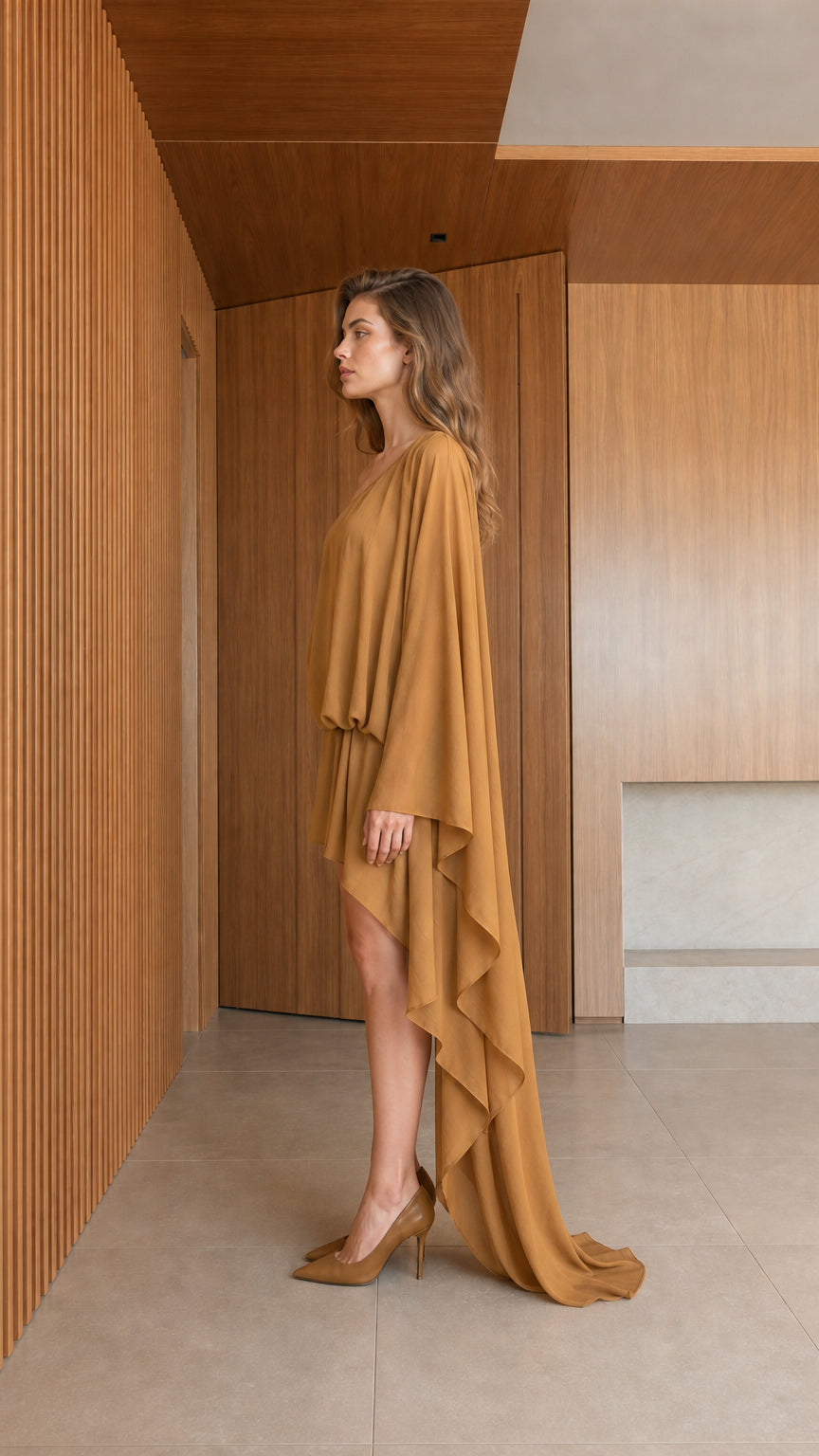 Side profile view of model in camel draped mini dress