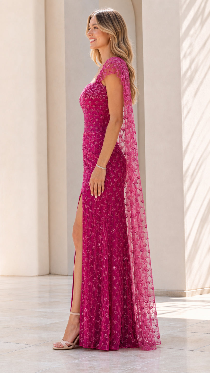 Side profile of fuchsia sequin gown