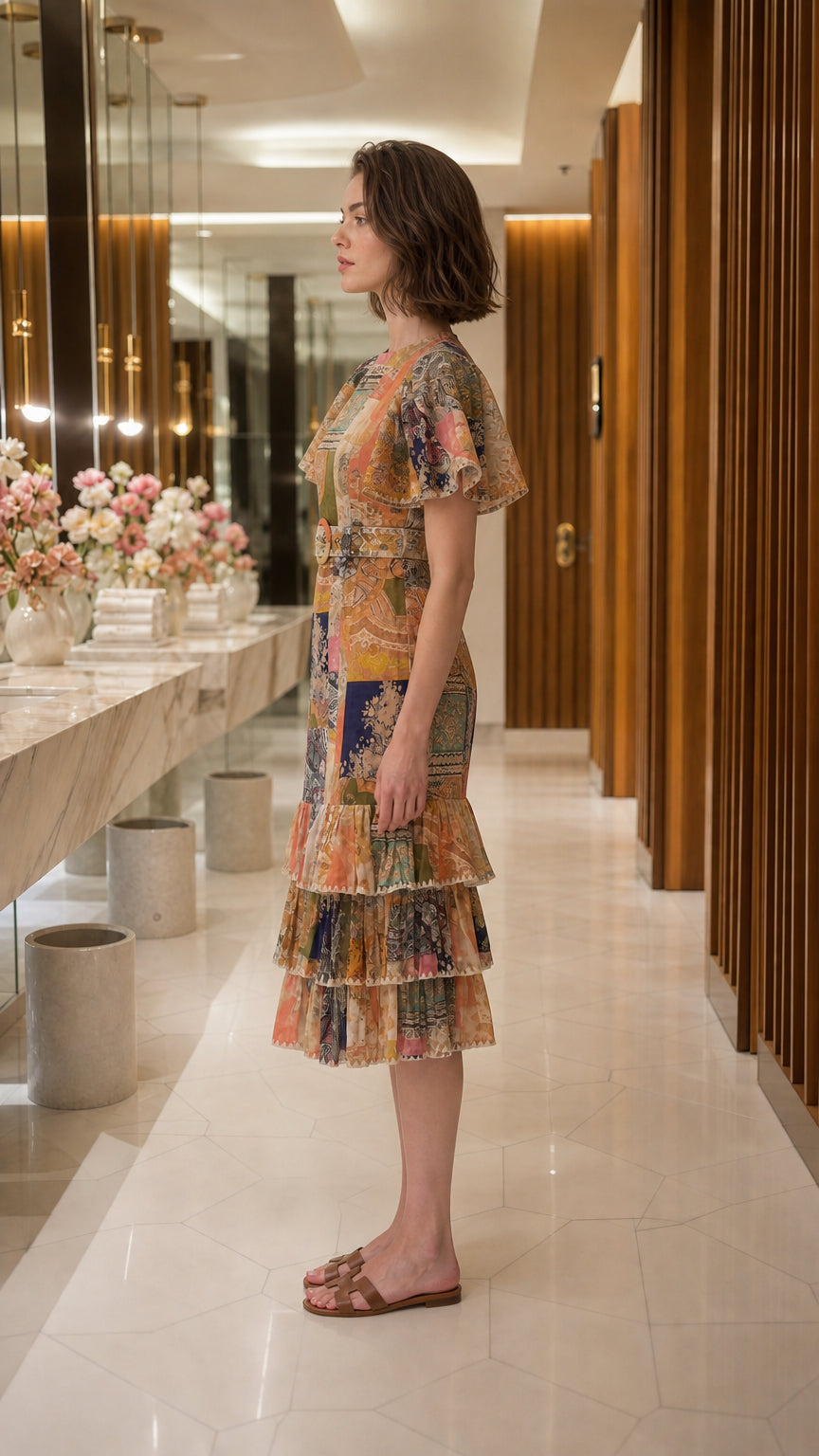 Side profile view of woman wearing multi yellow patchwork midi dress