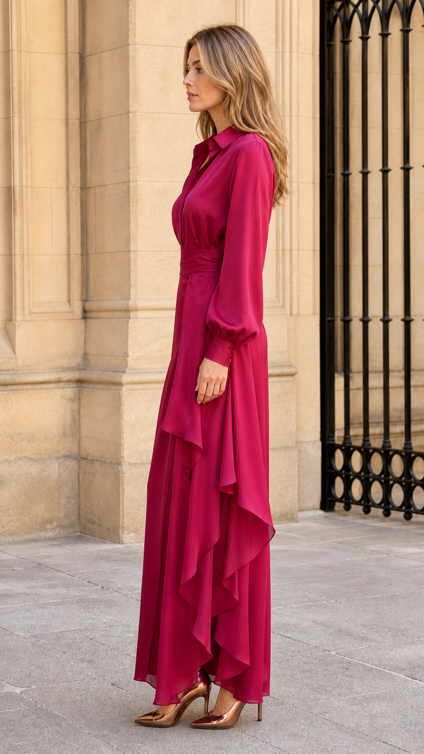 Side profile of model wearing fuchsia maxi shirt dress