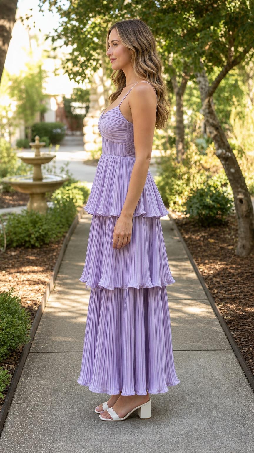 Side view of model wearing lavender pleated tiered maxi dress
