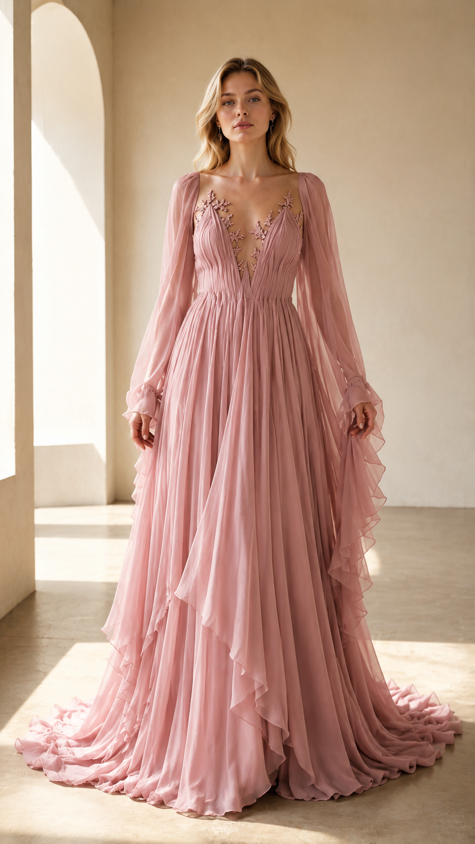 Front view of blush pink plunge neckline pleated gown with sheer sleeves and ruffle detailing
