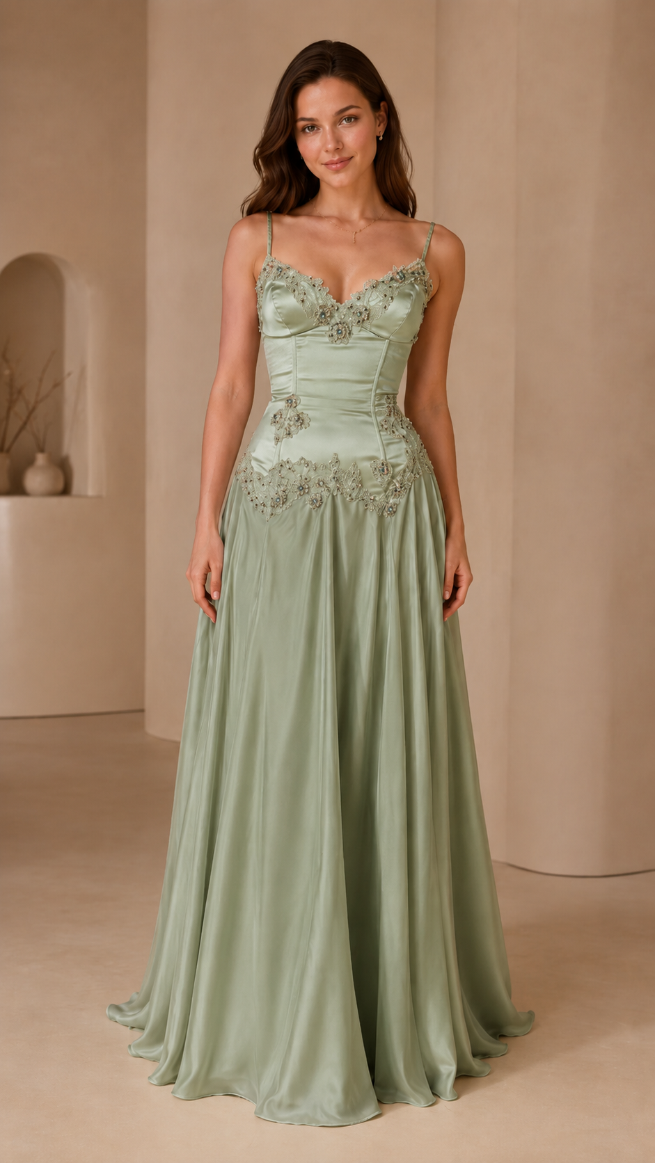 Sage embroidered satin-look spaghetti strap maxi evening dress front view