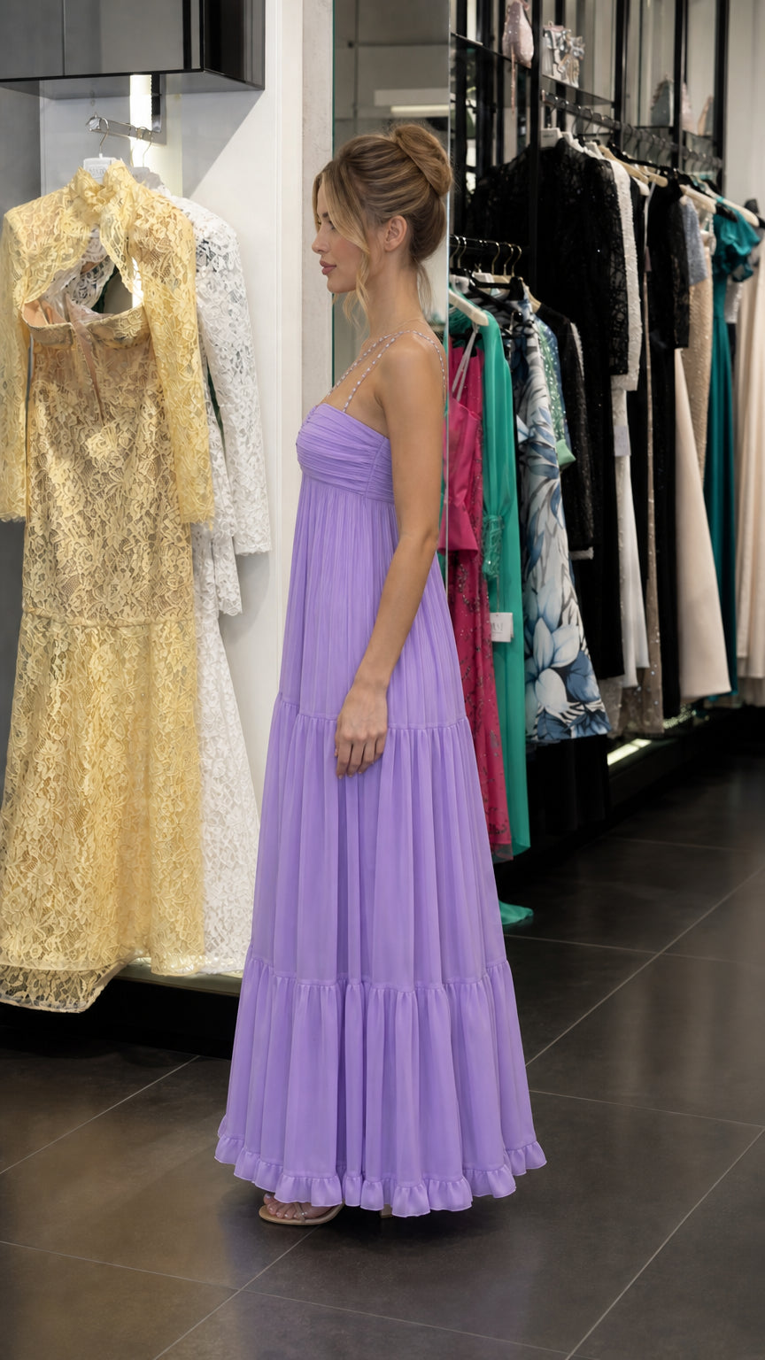 Side view of lavender tiered maxi dress