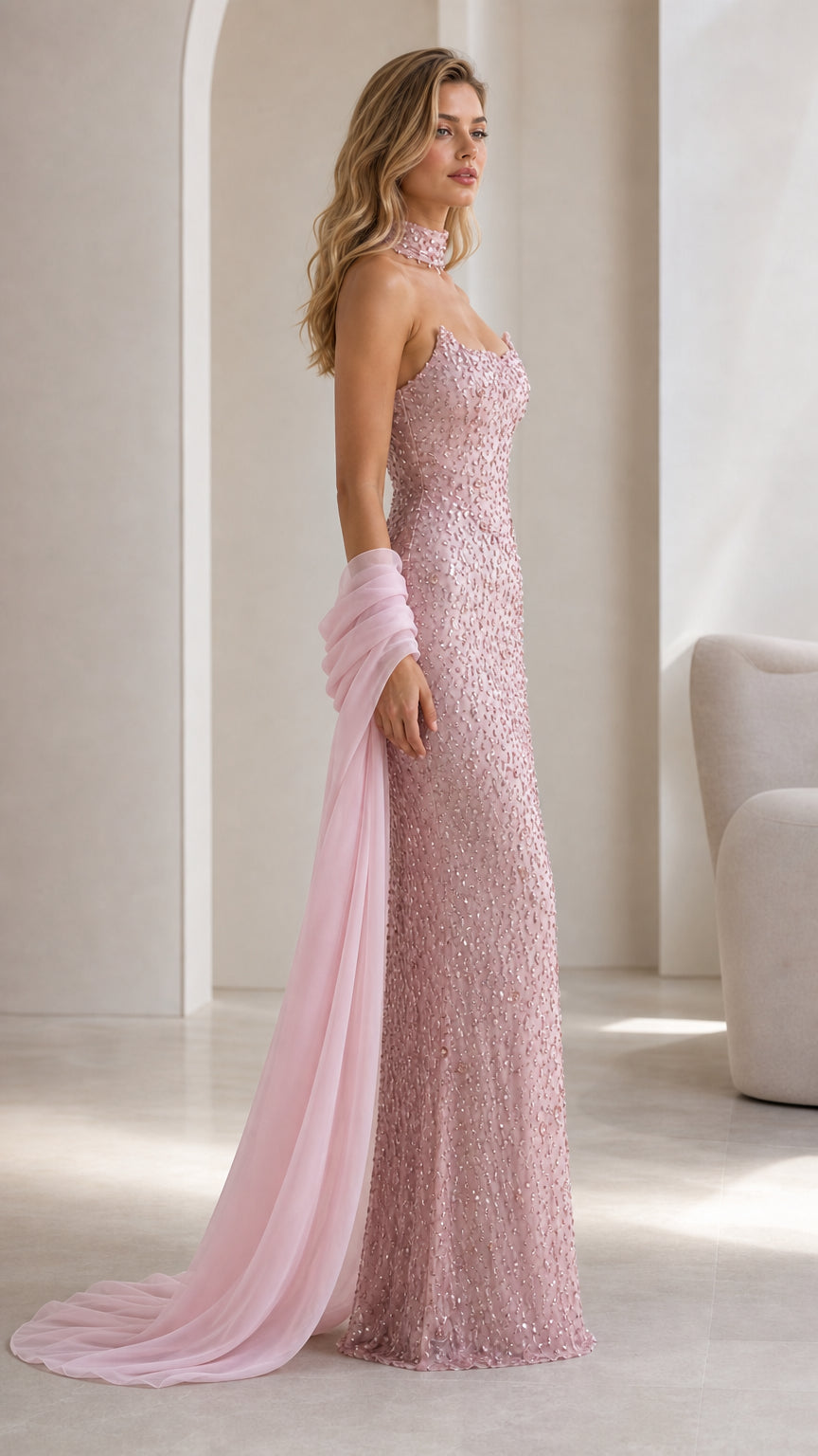 Side profile of pink sequin evening gown