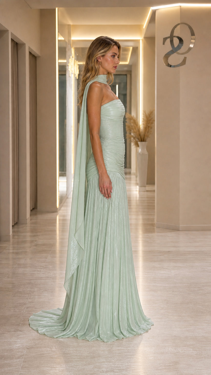 Side profile view of Sage Green evening gown