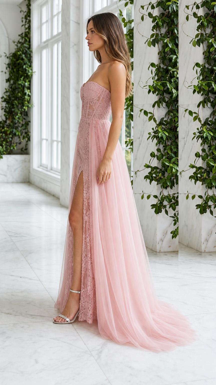 Side profile view of pink evening gown with high slit